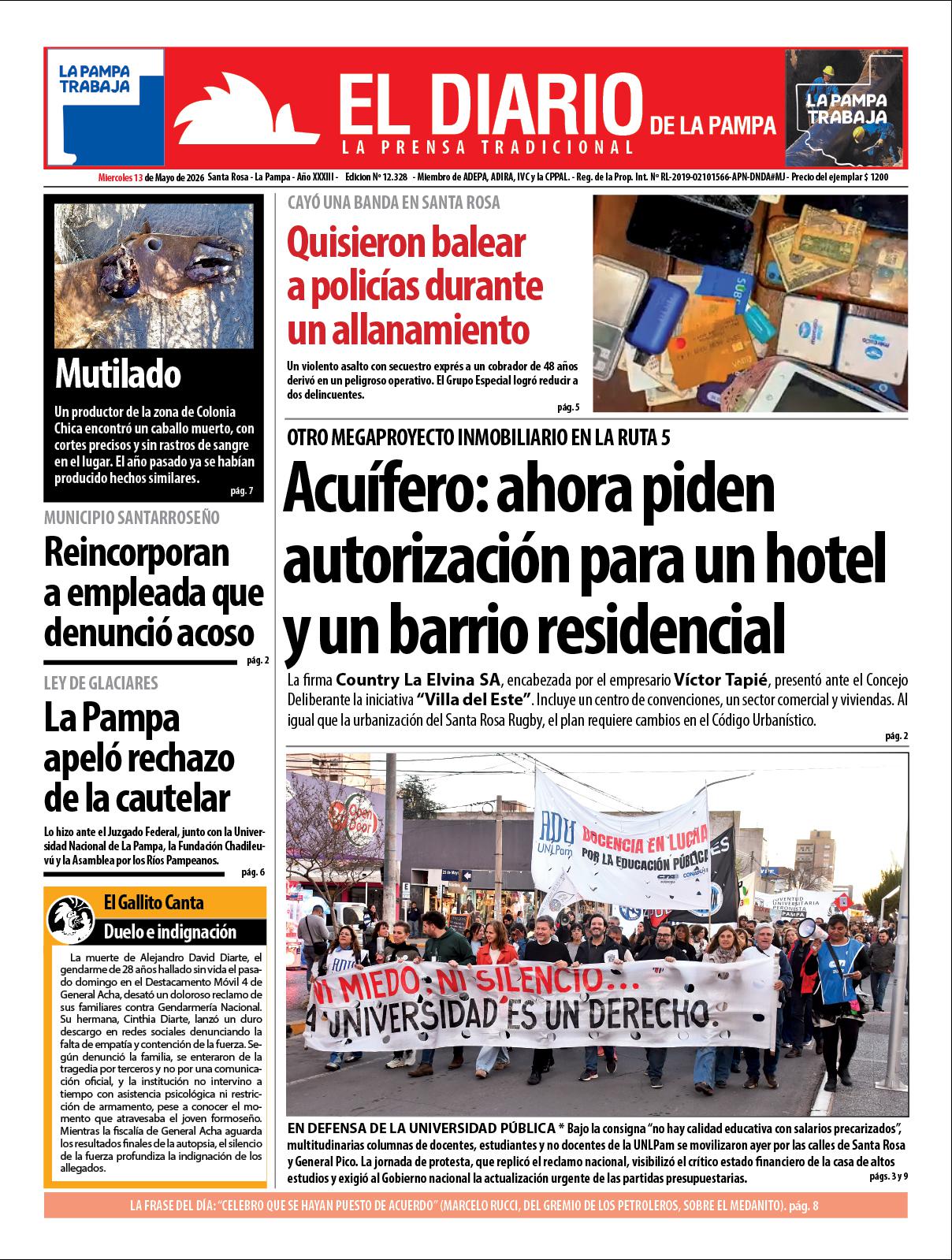Tapa de El Diario en papel  mieacutercoles 13 de mayo de 2026